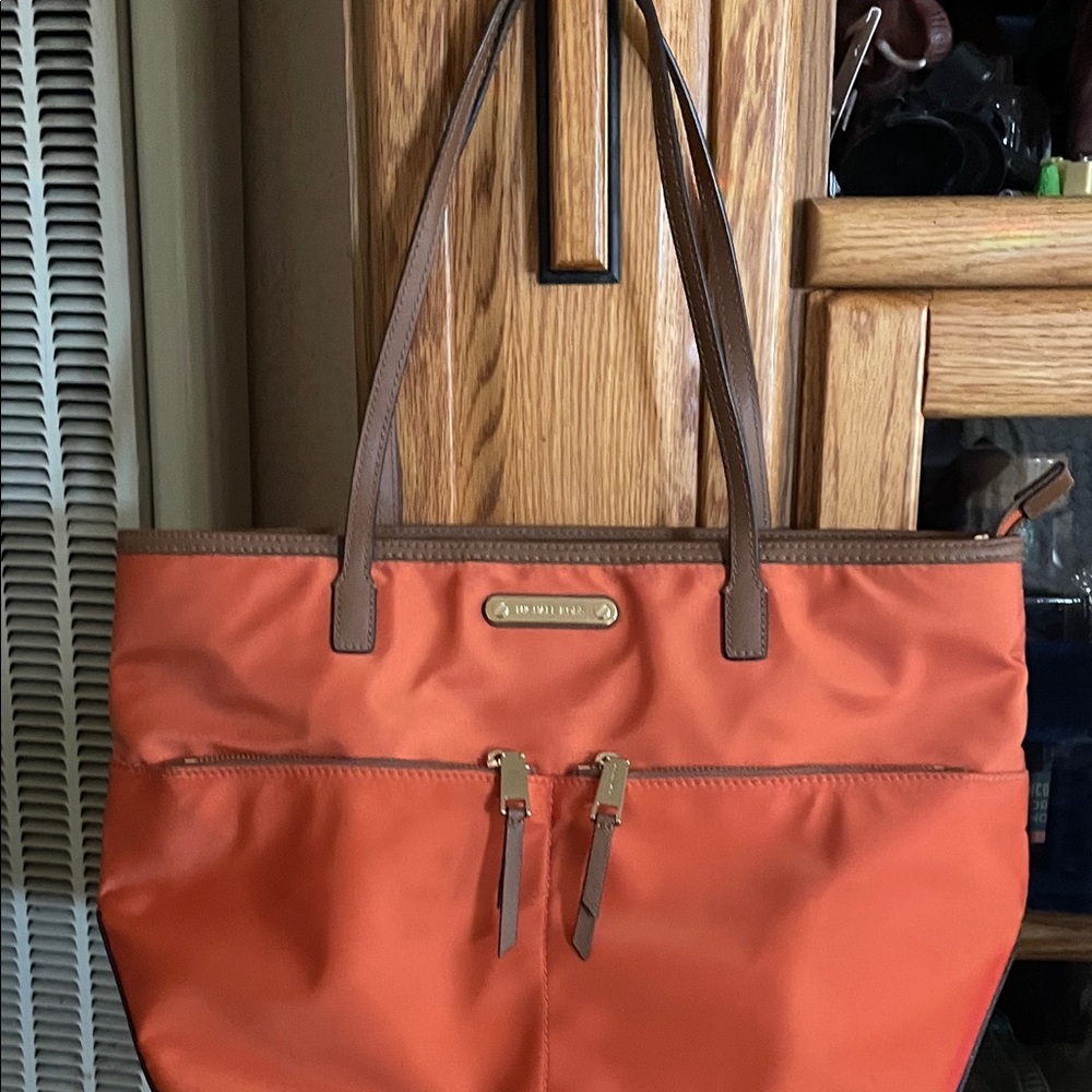 MICHAEL Michael Kors Orange Nylon Tote with Brown Leather Trim